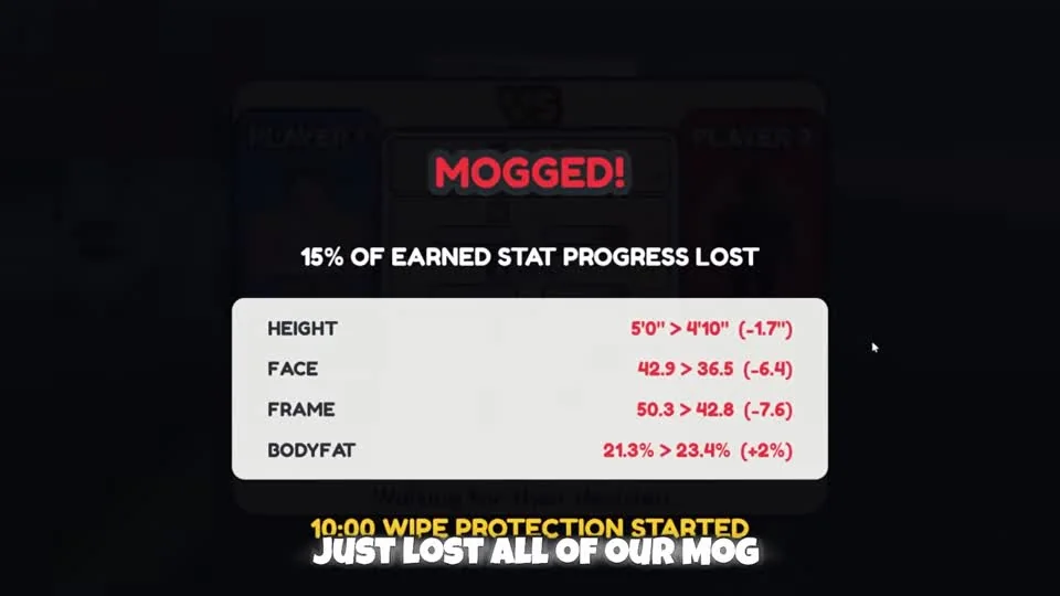 MOGGED result listing a partial stat loss and wipe-protection timer