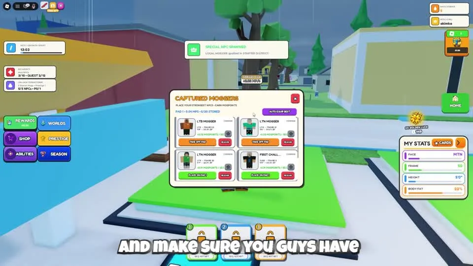 Captured Moggers menu with Place on Pad, Take Off Pad and Auto Equip Best